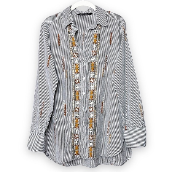 Zara Woman button front shirt blouse top striped boho embroidered beaded neutral - Picture 1 of 12
